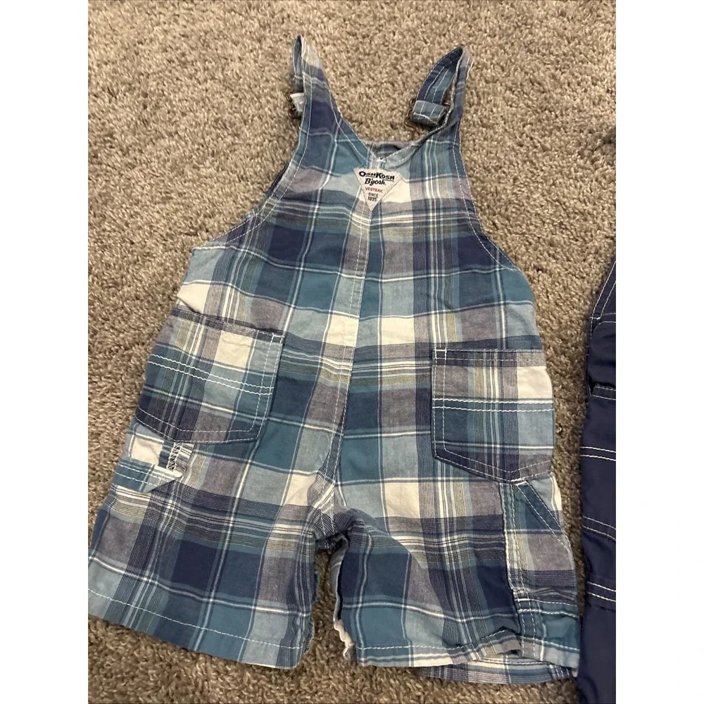 2 Lot Toddler Boys Oshkosh Vestbak Plaid Adjustable Overalls Shorts Size 18M